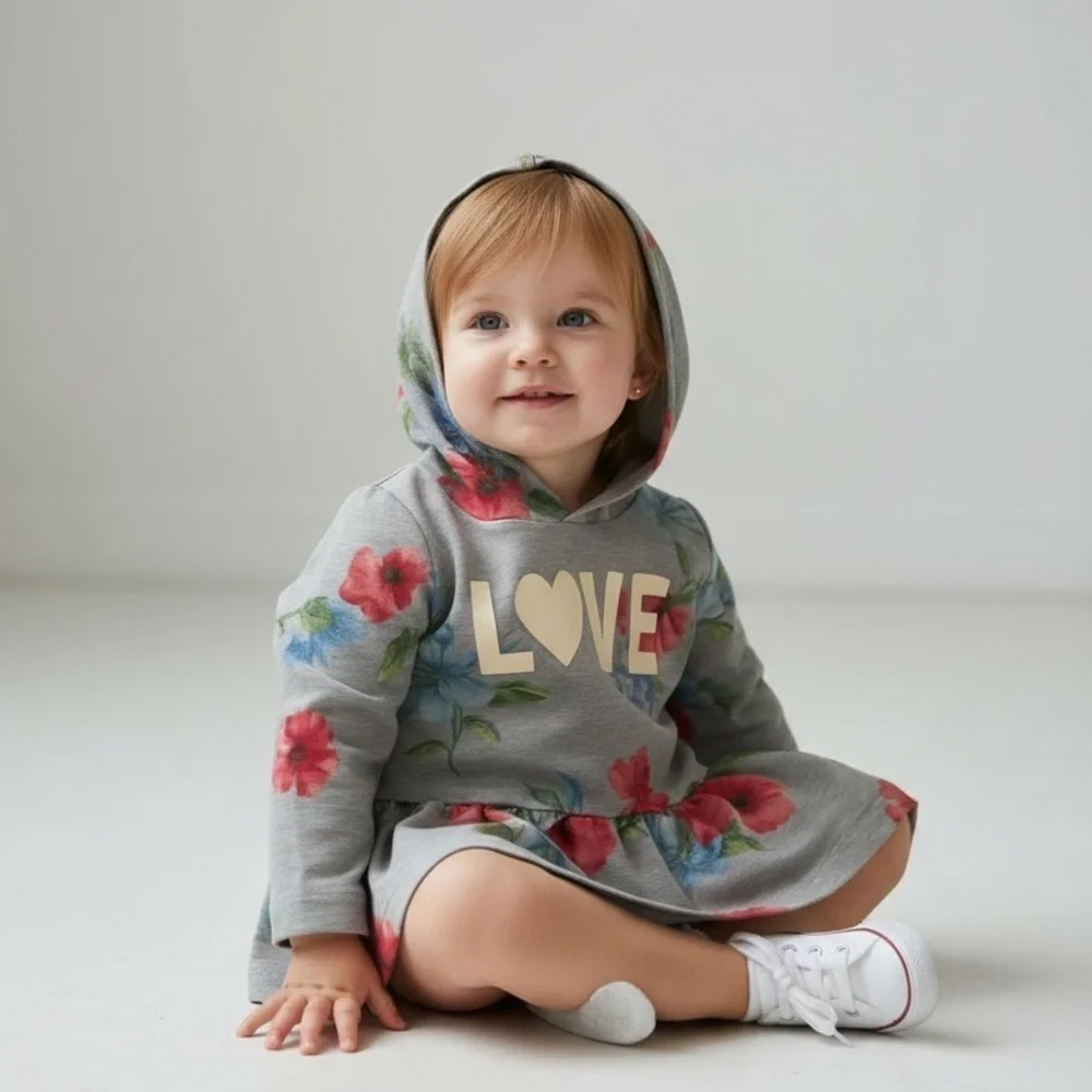 𝅺carter’s gray floral print hooded ruched hem long sleeves pullover girl 18 M